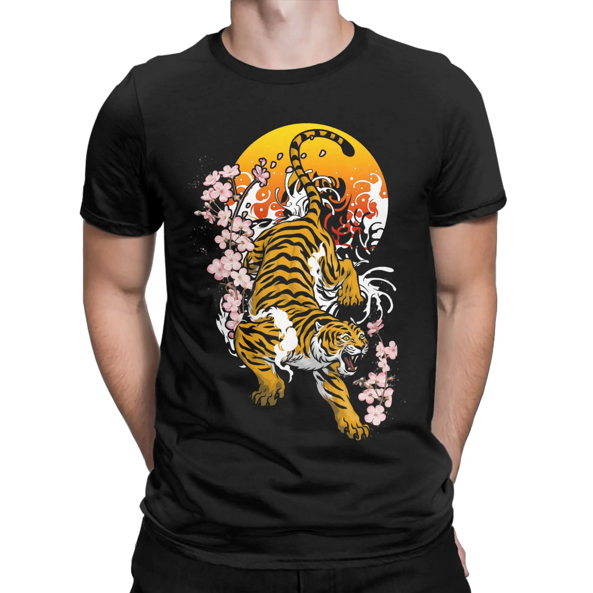 Men's Vintage Japanese Tiger Traditional Asian Cherry Blossom Art T-Shirts  Cotton Clothes Summer Vintage Short Sleeves T-Shirt