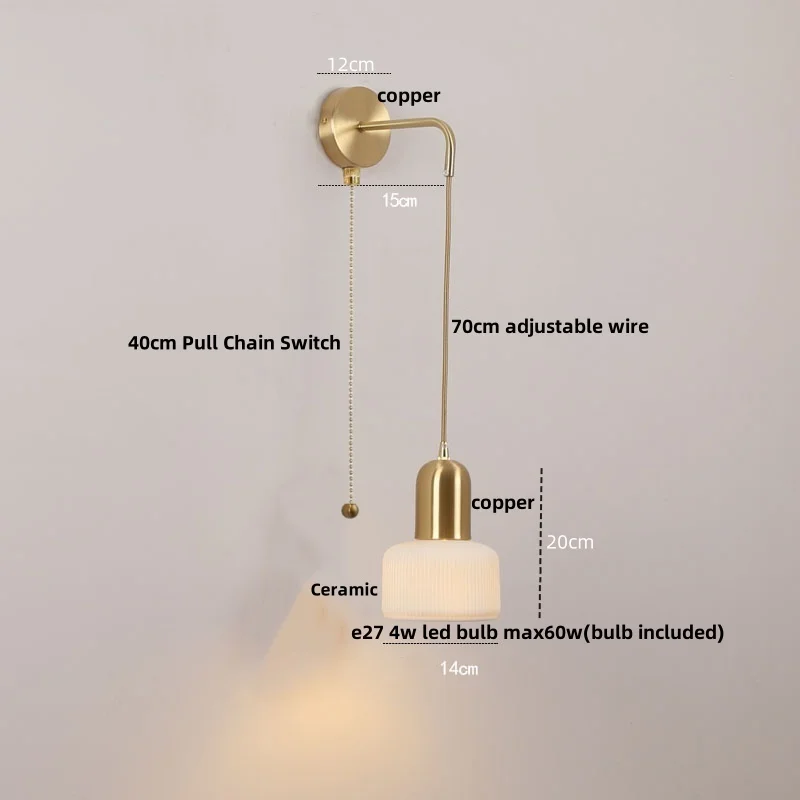 IWHD Ceramic Nordic LED Wall Light Fixture Pull Chain Switch Dining Living Room Aisle Simple Copper Bedside Lamp Applique Murale