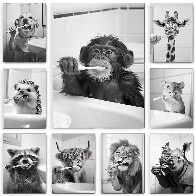 Black White Funny Bathroom Animal Brushing Teeth Poster Vintage Style Canvas Painting Print Wall Art Picture for Home Decoration