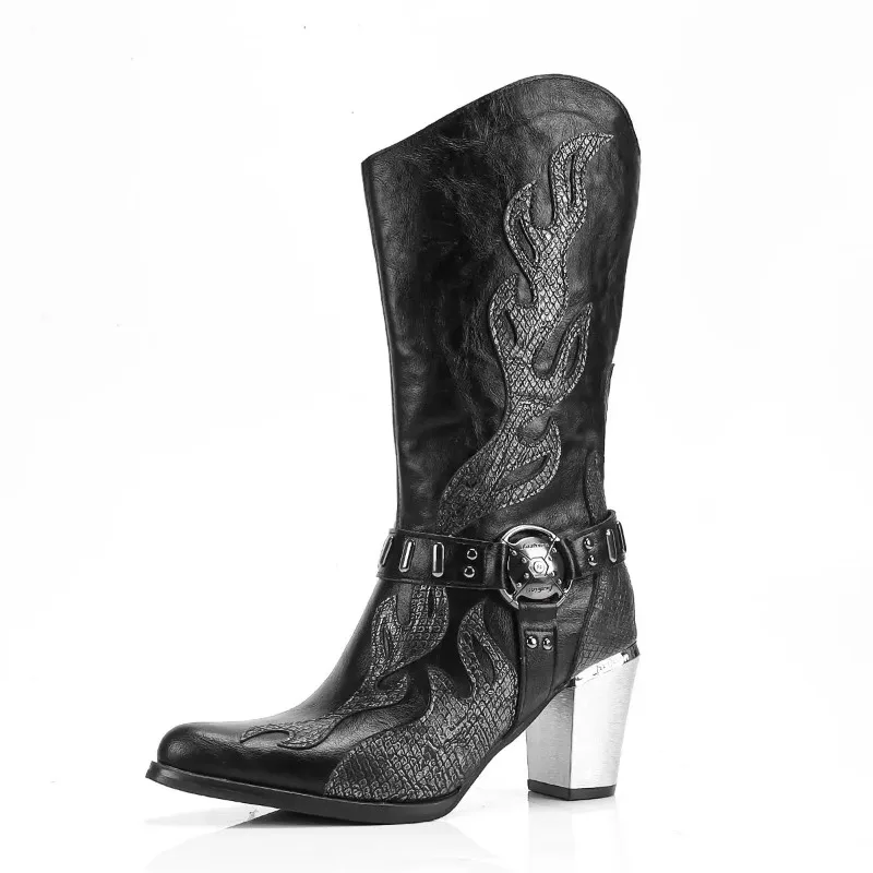 Western Couple Boots for Men and Women Animal Texture Flame Decor Side Zipper Mid Calf Pointed Toe Thick High Heel Fashion Shoes