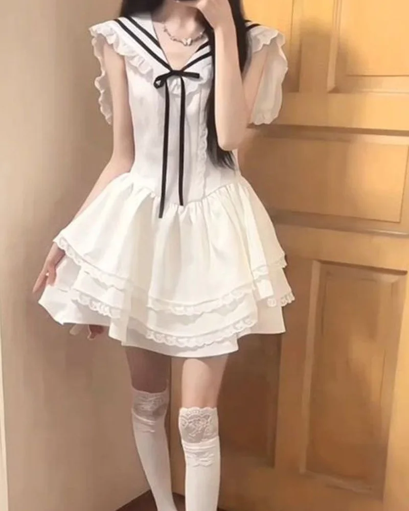 Robe d'été pour femmes, Mini robes épicées pour filles, Patchwork, garniture en dentelle, pompon solide, sans manches, robes de Style féerique douce, 2025