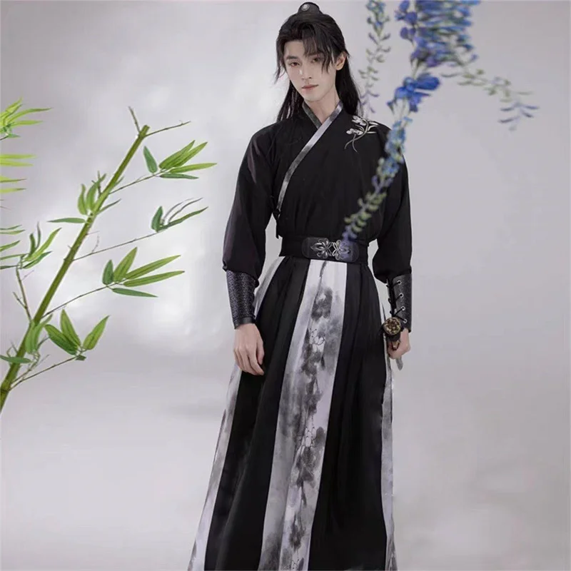 

Weijin Hanfu Set Printed Men Chinese Style Swordsman Traditional Ancient Costume Plus Size Male Black Wuxia Cosplay Party Outfit