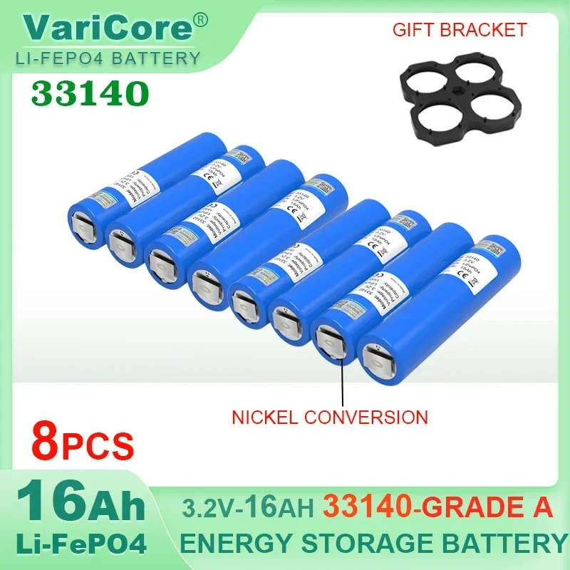 

8pcs Grade A 3.2v 33140 15Ah LiFePO4 Lithium Iron Phosphate Battery diy 4s 12v Solar Inverter Boat E-scooter power tools+Nickel