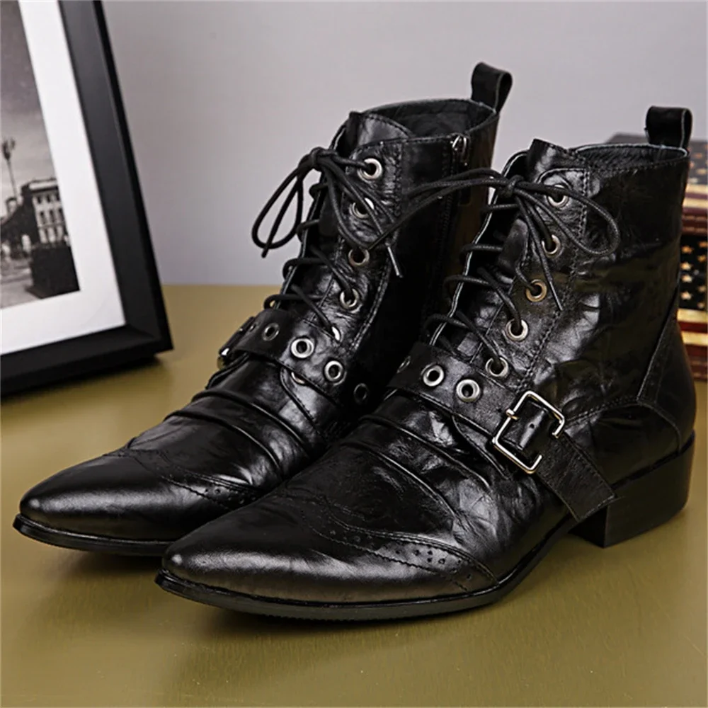 

Black Buckle Cross-Tied Zipper Genuine Leather High Heels Pointed Toe Boots Male Plus Size Party Motorcycle Cowboy Dress Shoe