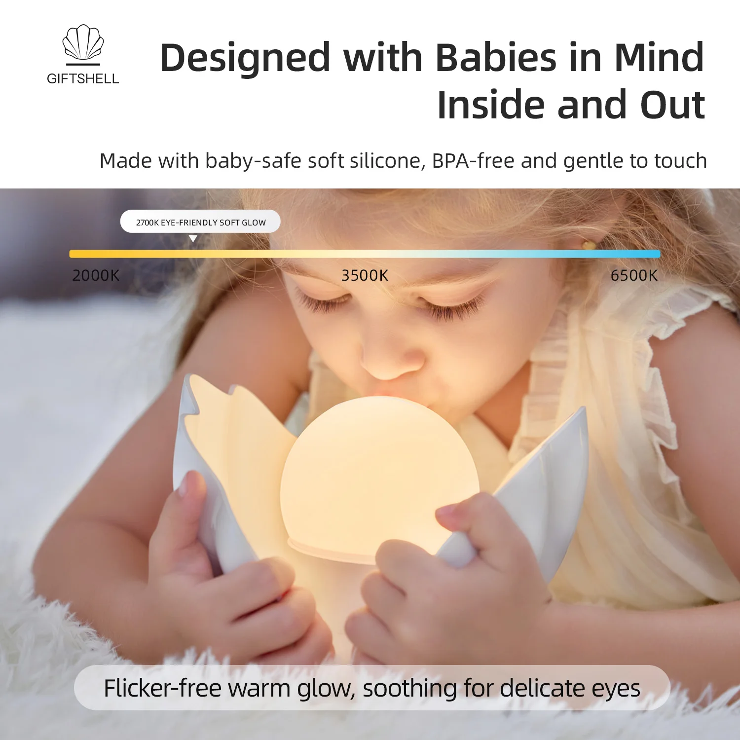 เชลล์ไนท์ไลท์ USB ชาร์จได้, โคมไฟอารมณ์ 7 สีสำหรับเด็ก, ซิลิโคนเพิร์ลไนท์ไลท์สำหรับห้องนอนเด็กของขวัญตกแต่งเนอสเซอรี่