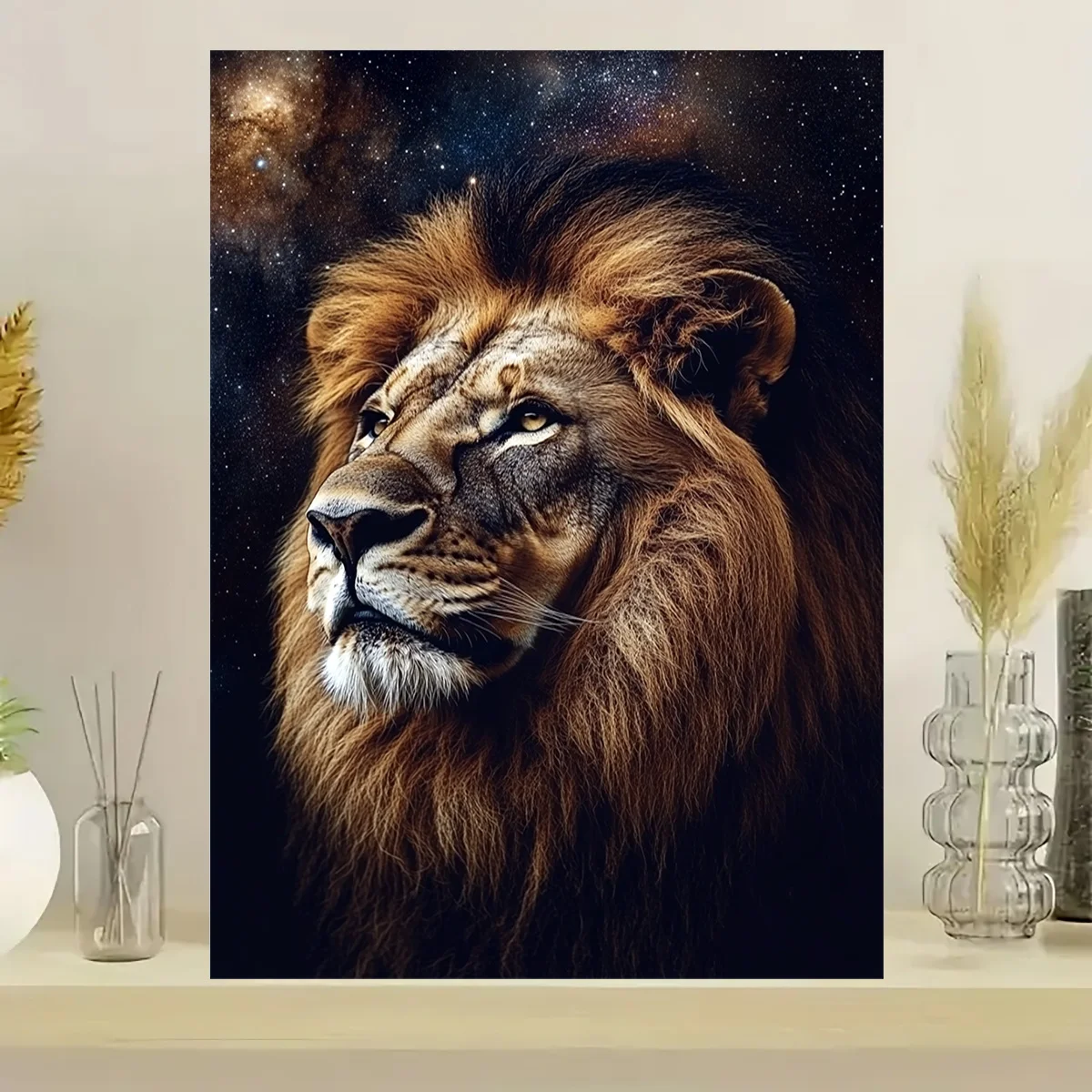 500/1000 قطعة من أحجية الصور المقطوعة الخشبية على شكل أسد السماء المرصعة بالنجوم - أسد مهيب مع خلفية المجرة الكونية، ألوان نابضة بالحياة، تحدي Br