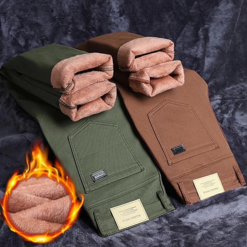 

Cotton Fleece Jeans Men's Winter Fit Straight Warm Plus Velvet Denim Pants Fashion Warm Soft Elasticity Casual Trousers