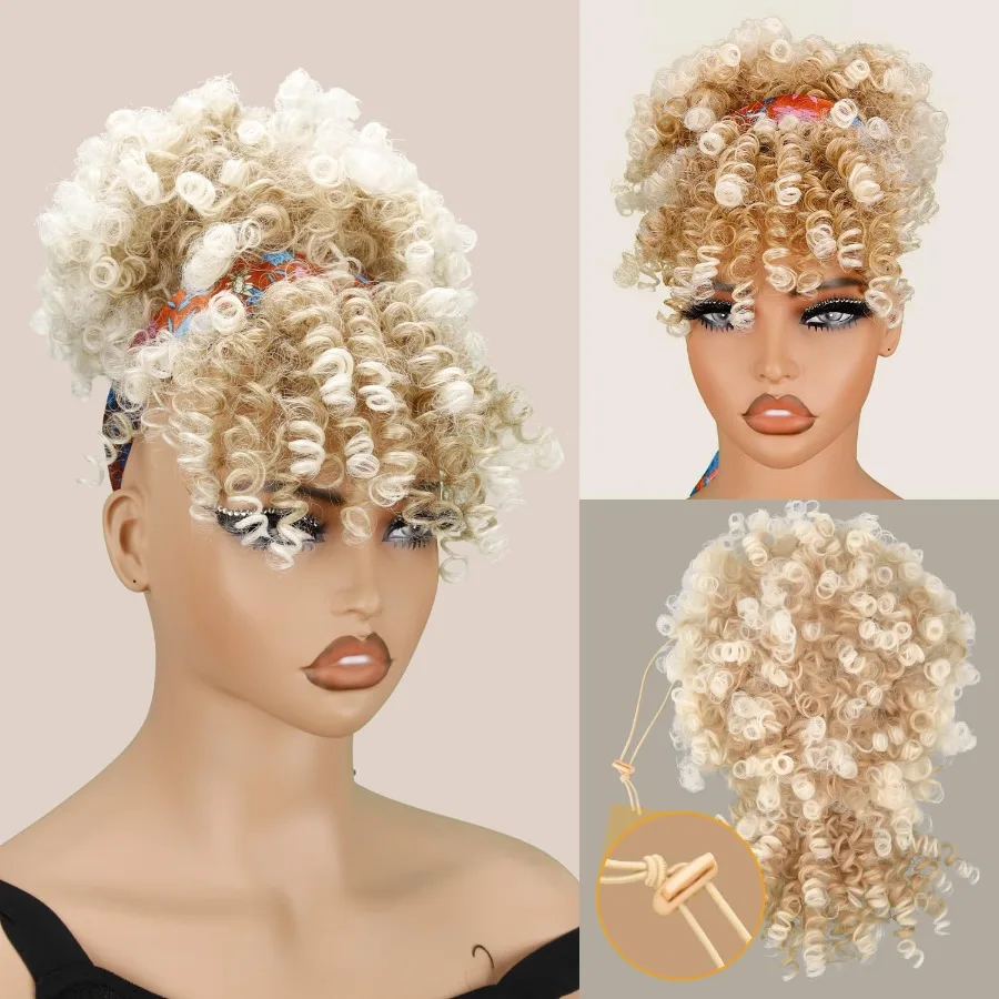 흑인 여성을 위한 드로스트링 포니테일 익스텐션, 아프로 퍼프 곱슬머리 스타일, 자연스러운 업두와 앞머리, E에 이상적