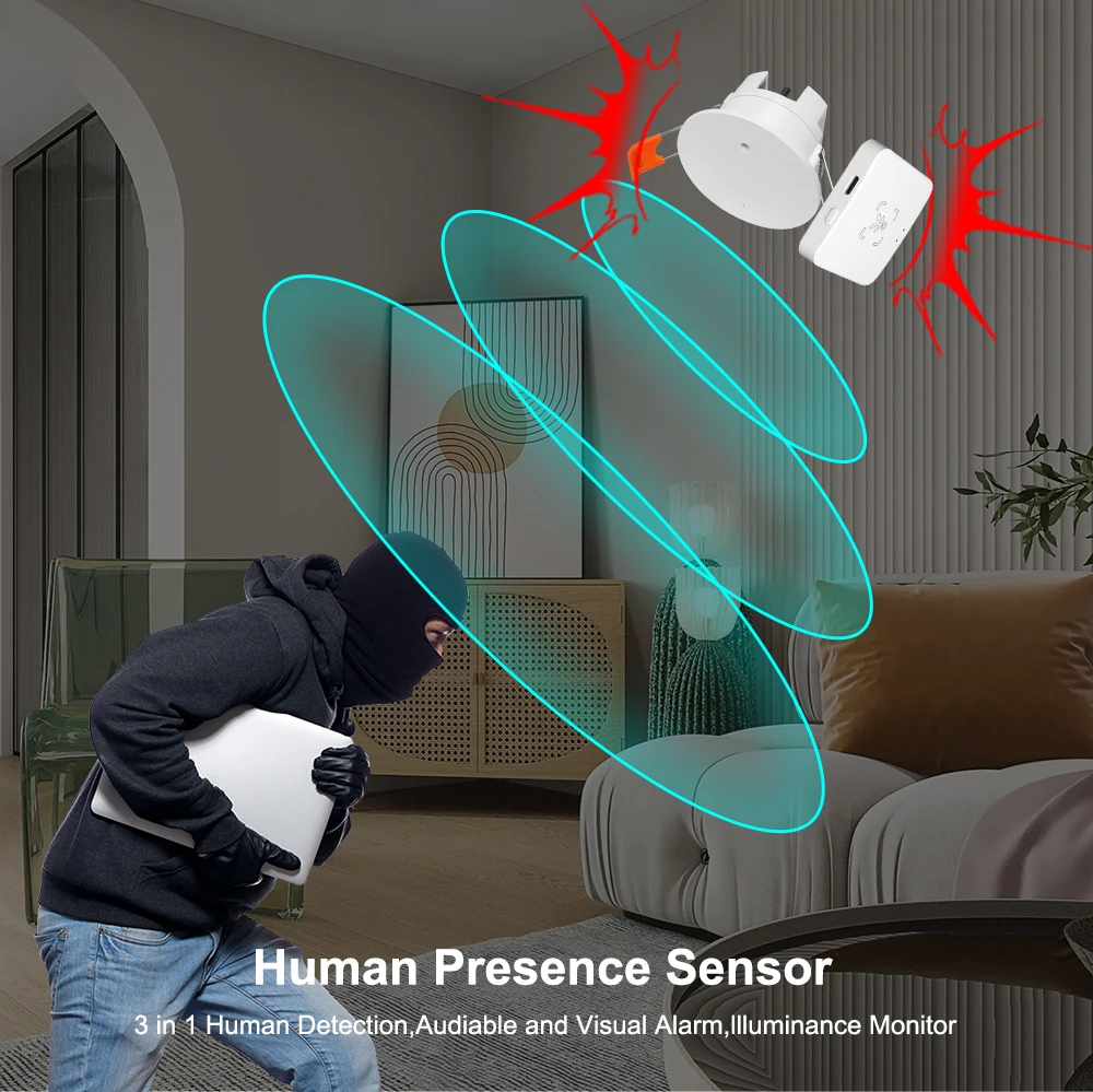 ZigBee MmWave Radar Human Presence Motion Sensor 24G Ceiling Mount Luminance/Distance Detection Tuya Home Automation