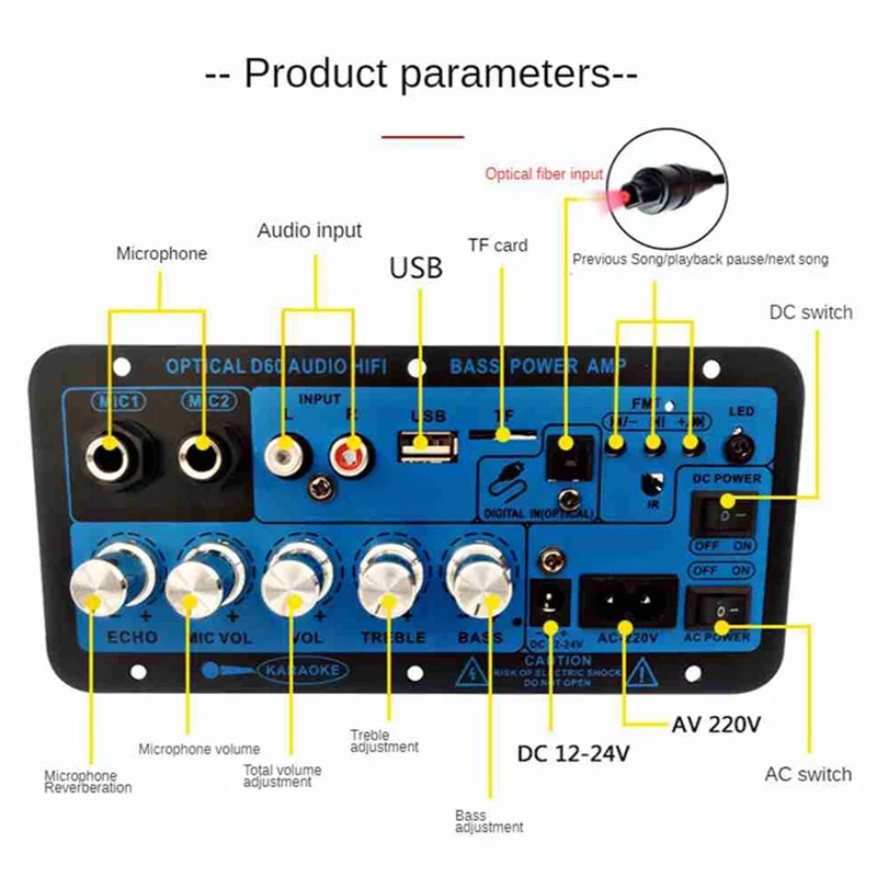 Плата усилителя Bluetooth BT5.0, усилитель басов высокой мощности, оптический аудиовход для караоке