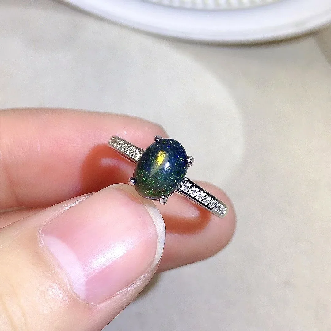 Simple Black Opal Silver Ring 6mm*8mm Africa Black Opal Ring for Daily Wear Solid 925 Silver Natural Opal Jewelry