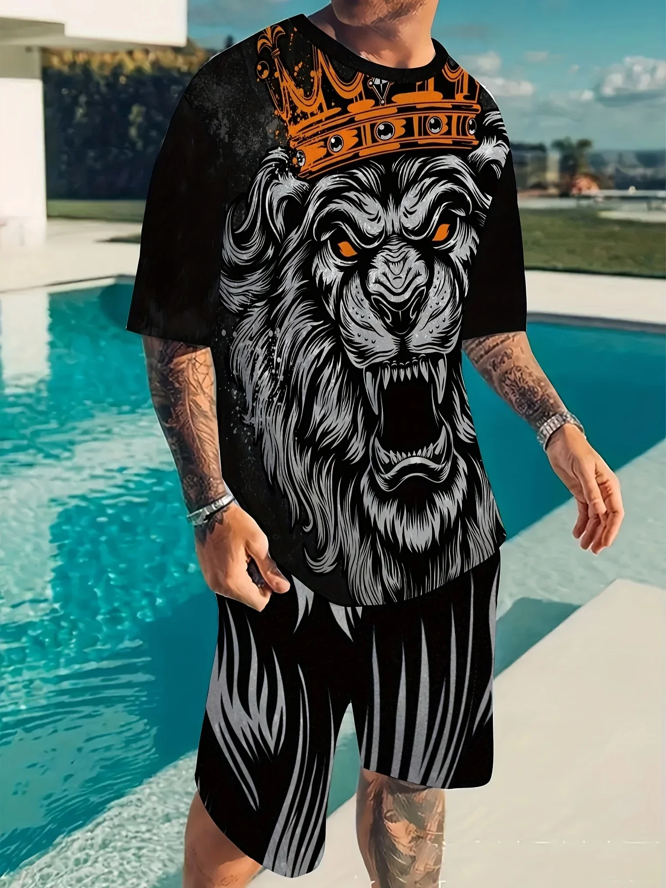 

2pcs Fashion Suit, Men's Lion King Graphic Slightly Stretch T-shirt & Comfy Shorts For All Seasons Outdoor
