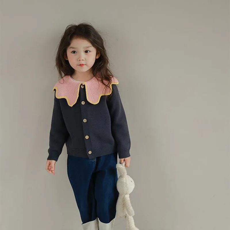 Girls Big Wave Lapel Sweater Cardigan 2023 Autumn New Solid Color Sweet Princess Baby Korean Style Knitting Top Sweater