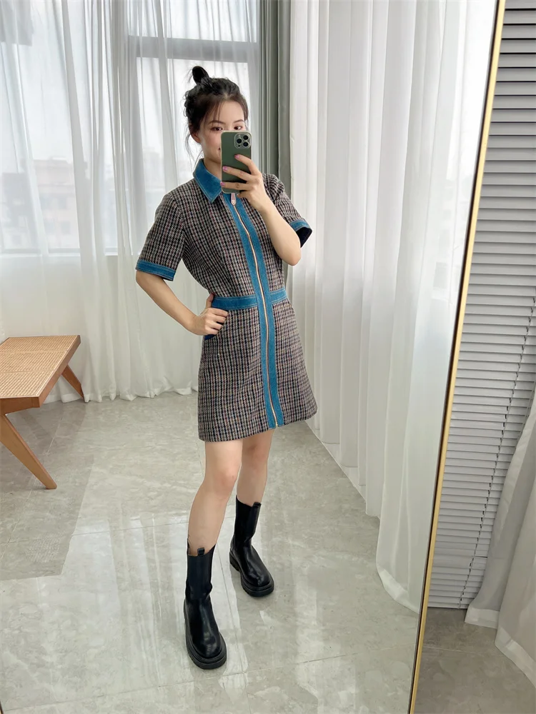 2024 Early Spring French Polo Collar Thick Plaid Pattern Color Block Zipper Women's Short Commuter Dress self portrait dress