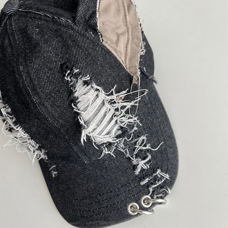 Y2k Dog Ears Denim Ripped Baseball Cap Men and Women Dark Personality Metal Ring Street Trend Adjustable Sports Hat