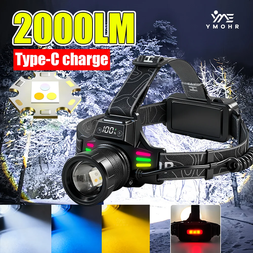 Linterna Frontal 2000 Lúmenes Recargable, Enfoque Ajustable, 2x18650, Impermeable, 3 Colores, para Senderismo, Camping y Pesca