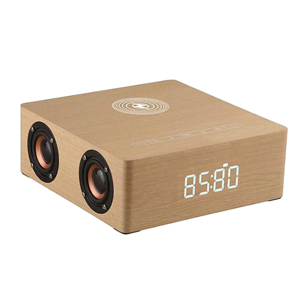 

Multi-Function Wireless Charger Alarm Clock Bluetooth Speaker Suitable Stereo Player Surround Sound(Yellow Wood Grain)