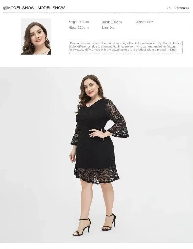 Vestido sexy de renda preta plus size, mangas compridas, estilo justo