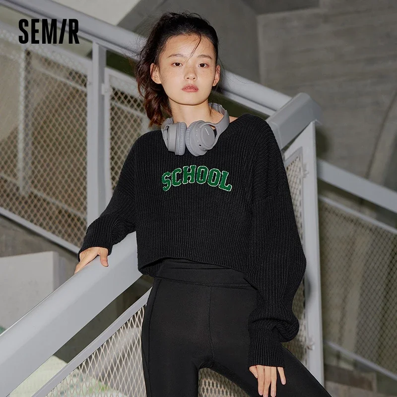 Semir Sweater Women Letter Pullover 2023 New Autumn Loose Embroidered Fashion Round Neck Sweater