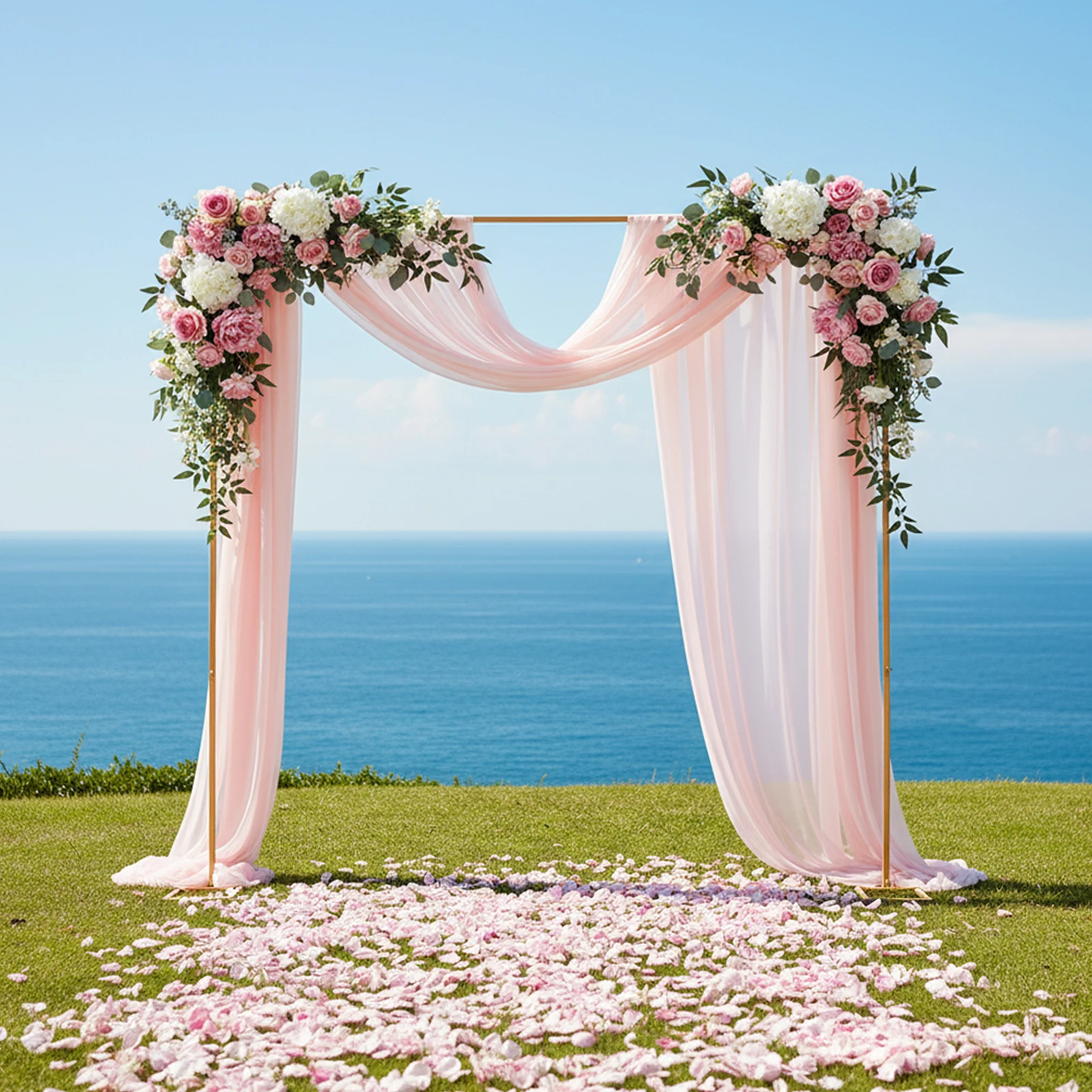 إطار قوس الزفاف من الحديد المجلفن الذهبي مقاس 3 × 3 م، قاعدة قابلة للفصل، دعامة خلفية لحفلات الزفاف.