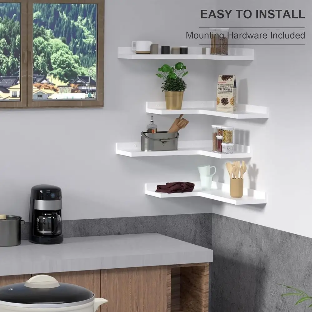 مجموعة من 4 أرفف زاوية من خشب الصنوبر الريفي - تخزين على شكل حرف L مثبت على الحائط لديكور المنزل باللون الأبيض