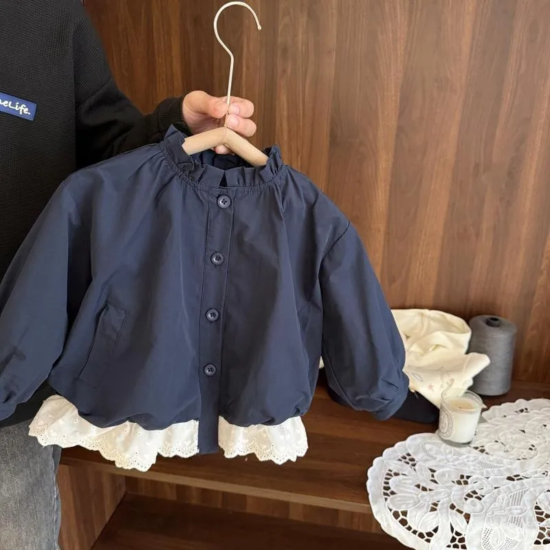 

Girls Spring Autumn Floral Trim Windbreaker Jacket Children's Fashionable Outerwear New Style Baby Girl Coat