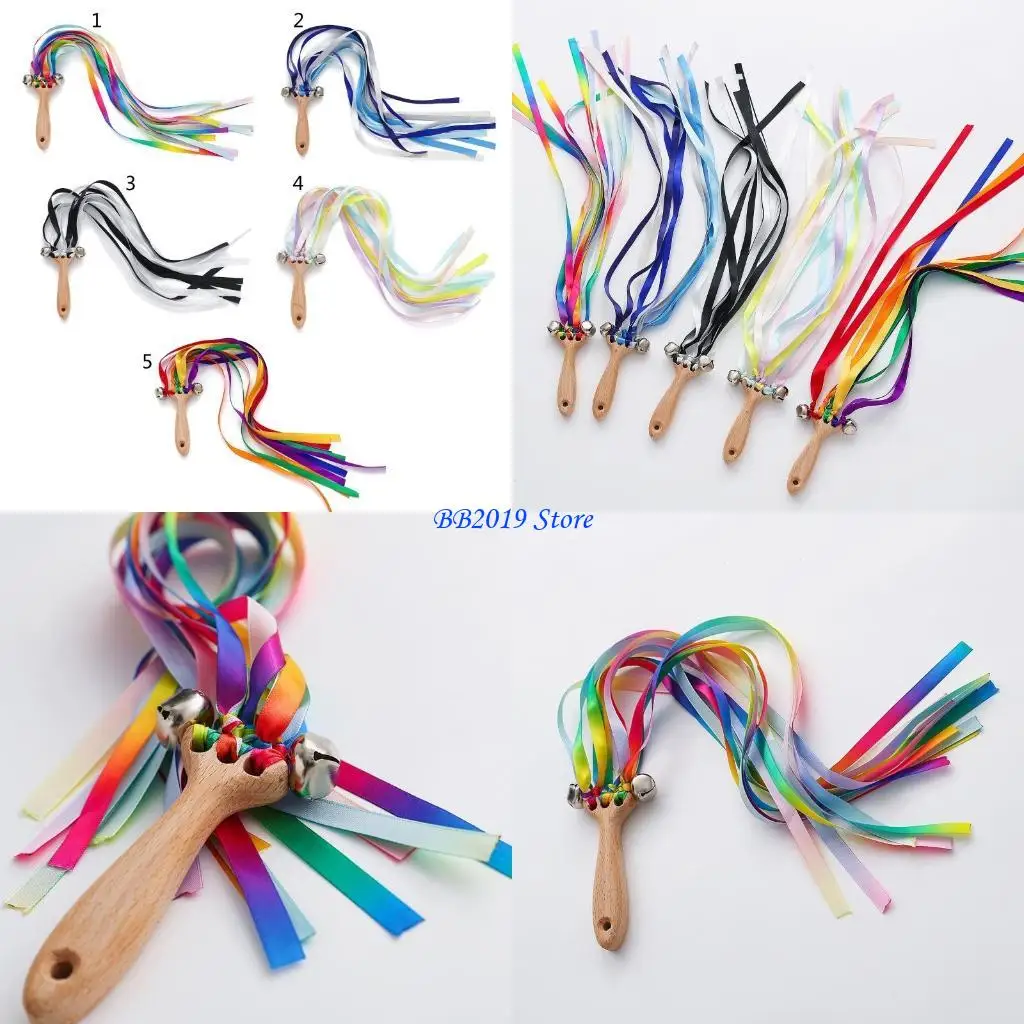 Q0KB Wooden Printed Ribbon Rattle Hand Kite Baby Develop Hearing Recognition Sensory Shower Birthday Gift