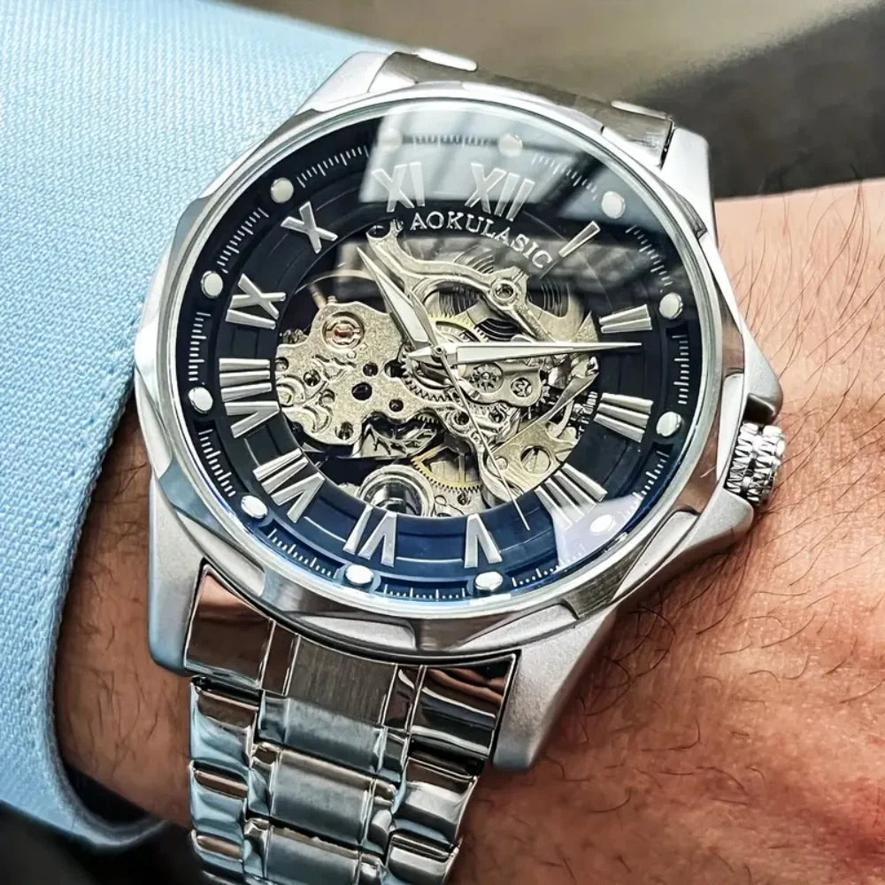 

Top-End Luxury Skeleton Fashion Men's Automatic Mechanical Watch, Luxurious and High-End, Personalized Street Fashion, Stainless Steel Butterfly Clasp Strap, Men's Watch Suitable for Any Skin Tone, Mechanical Watch for Men, the Best Gift for Him