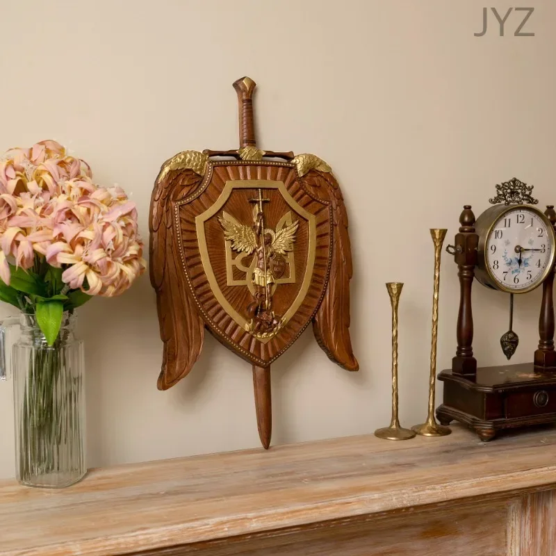 High Quality Holy Sword Archangel Michael Shield Wood Carving Wall Hanging Decoration view 5
