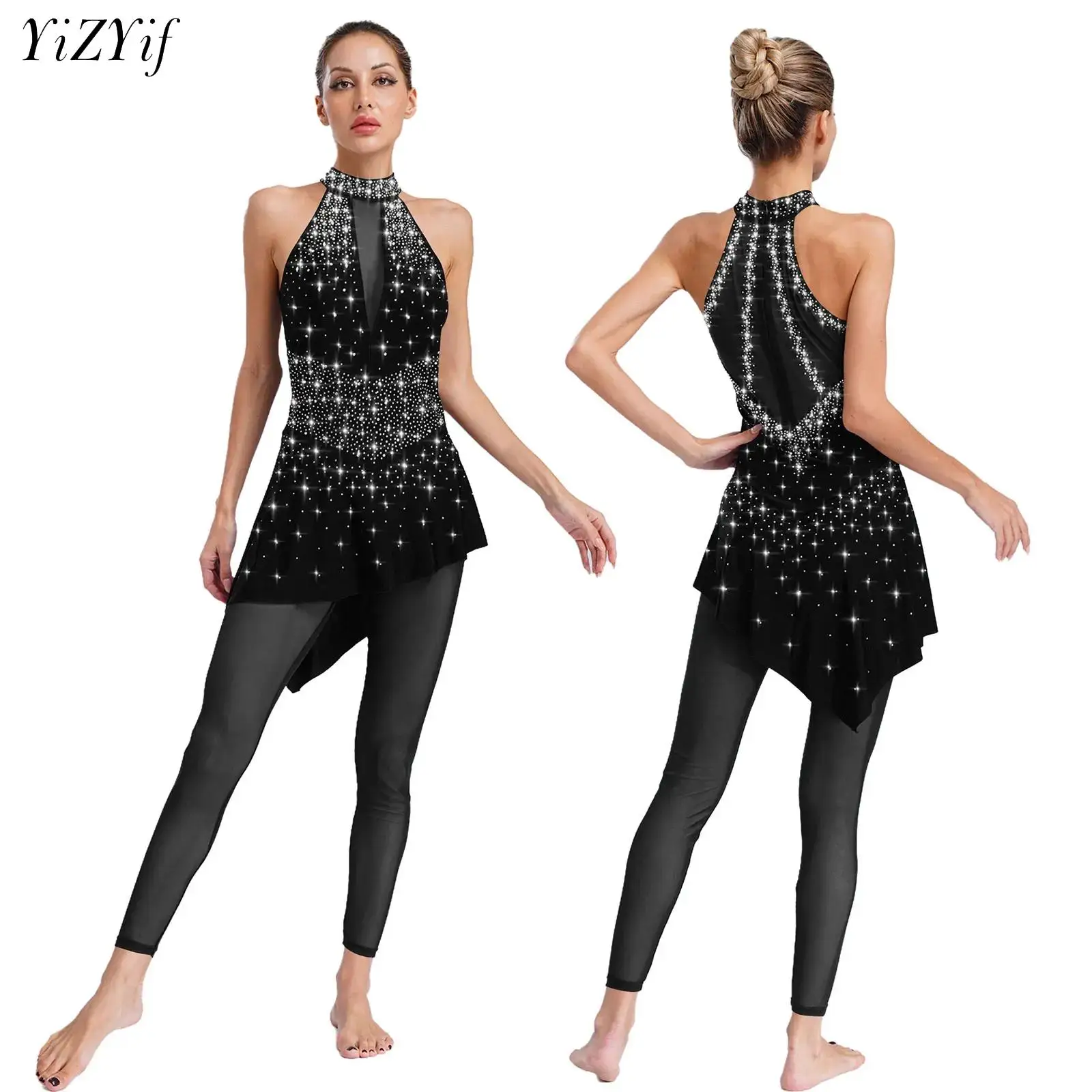 المرأة الشكل التزلج على الجليد بذلة الراين أكمام بقماش شفاف يوتار لأداء الباليه الرقص الجمباز البهلوانية