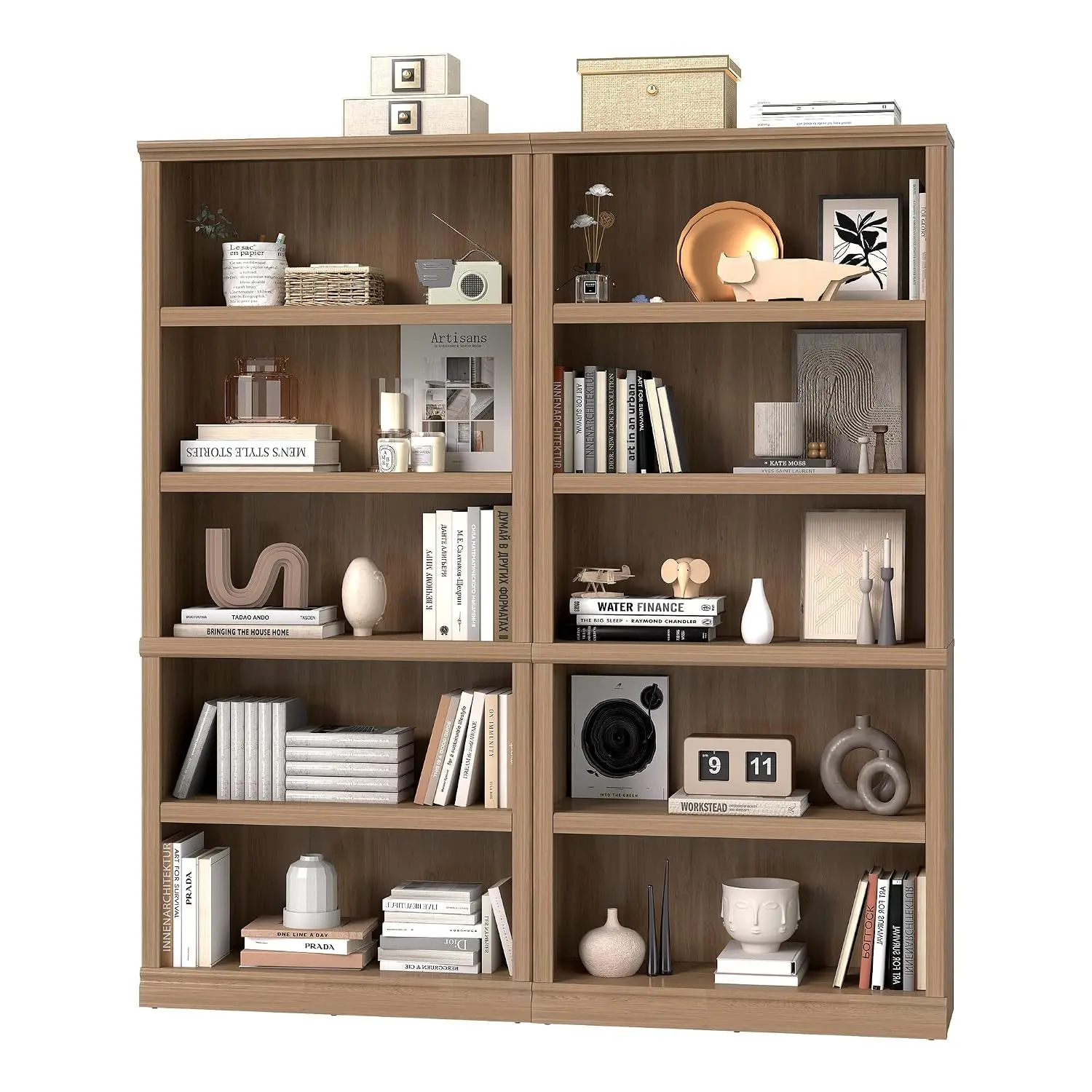 Wooden 5 Tier Double Wide Bookshelf with Storage Cabinets for Living Room Home Office Library, Customized