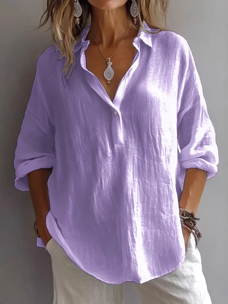 2025 여름 여성 캐주얼 블라우스 긴팔 솔리드 패치워크 레이디 블라우스 셔츠 턴다운 칼라 루즈핏 여성 우아한 블루사 탑