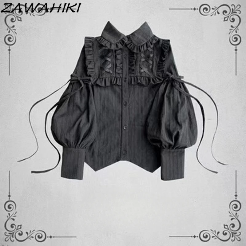 

ZAWAHIKI Blouse Women Solid Color Elegant Temperament Long Lantern Sleeve Vintage Fashion Ruffled Breasted Chic Shirts for Women