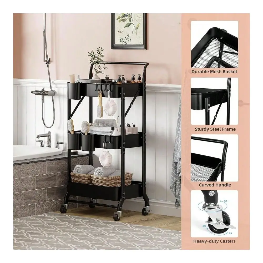 

Tier Foldable Rolling Cart With Wheels Folding Utility Cart Organizer Collapsible Rolling Storage Cart With 3 Hanging Cups 6 Ho