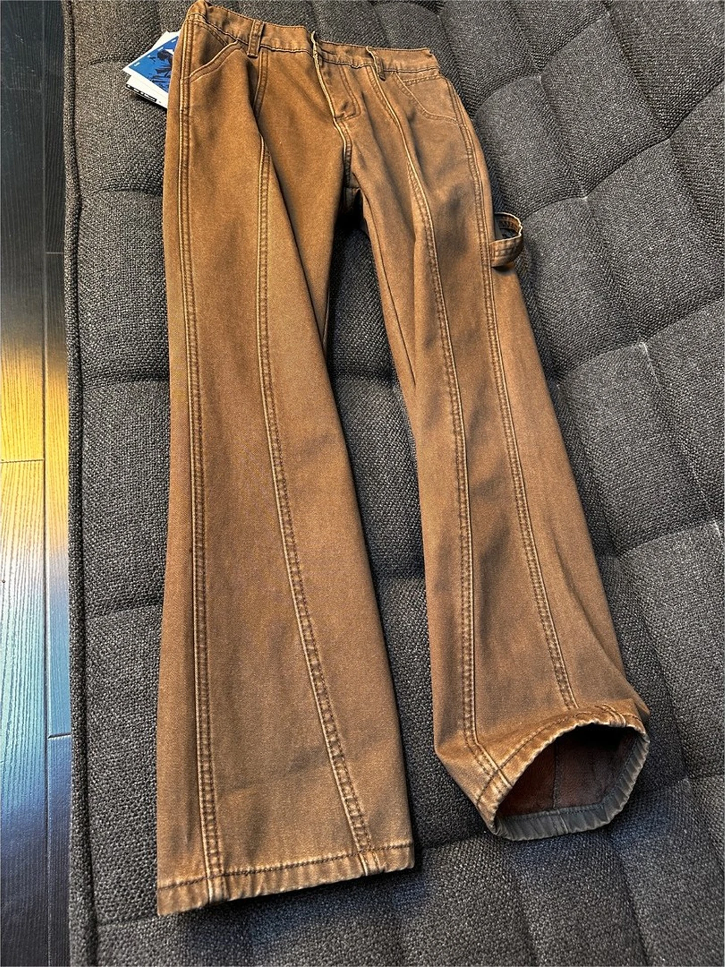 

Коричневые мужские джинсы из денима с косым кроем, утепленные, для работы, в стиле ретро, прямые брюки