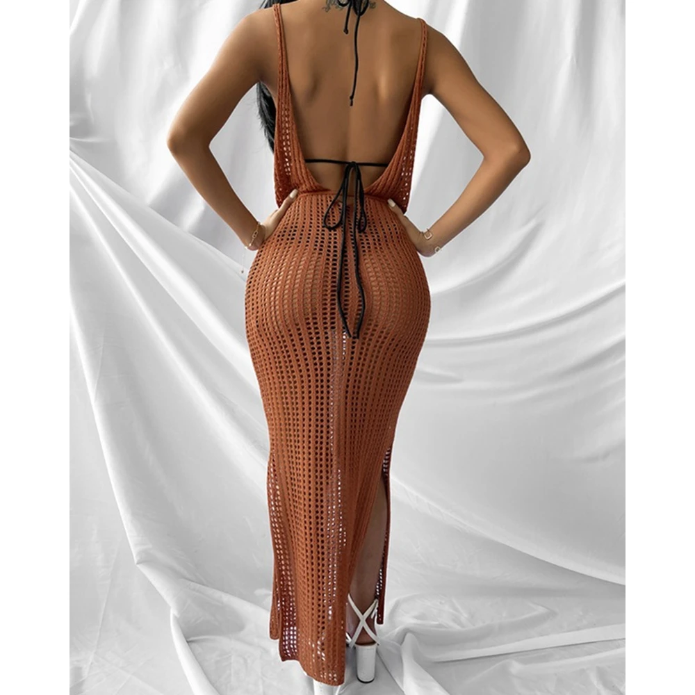 Summer Women Through Spaghetti Strap Backless Dress Lace-up Swimsuit Cover Up High Split Hollow Out Beach Dress Vacation Outfits