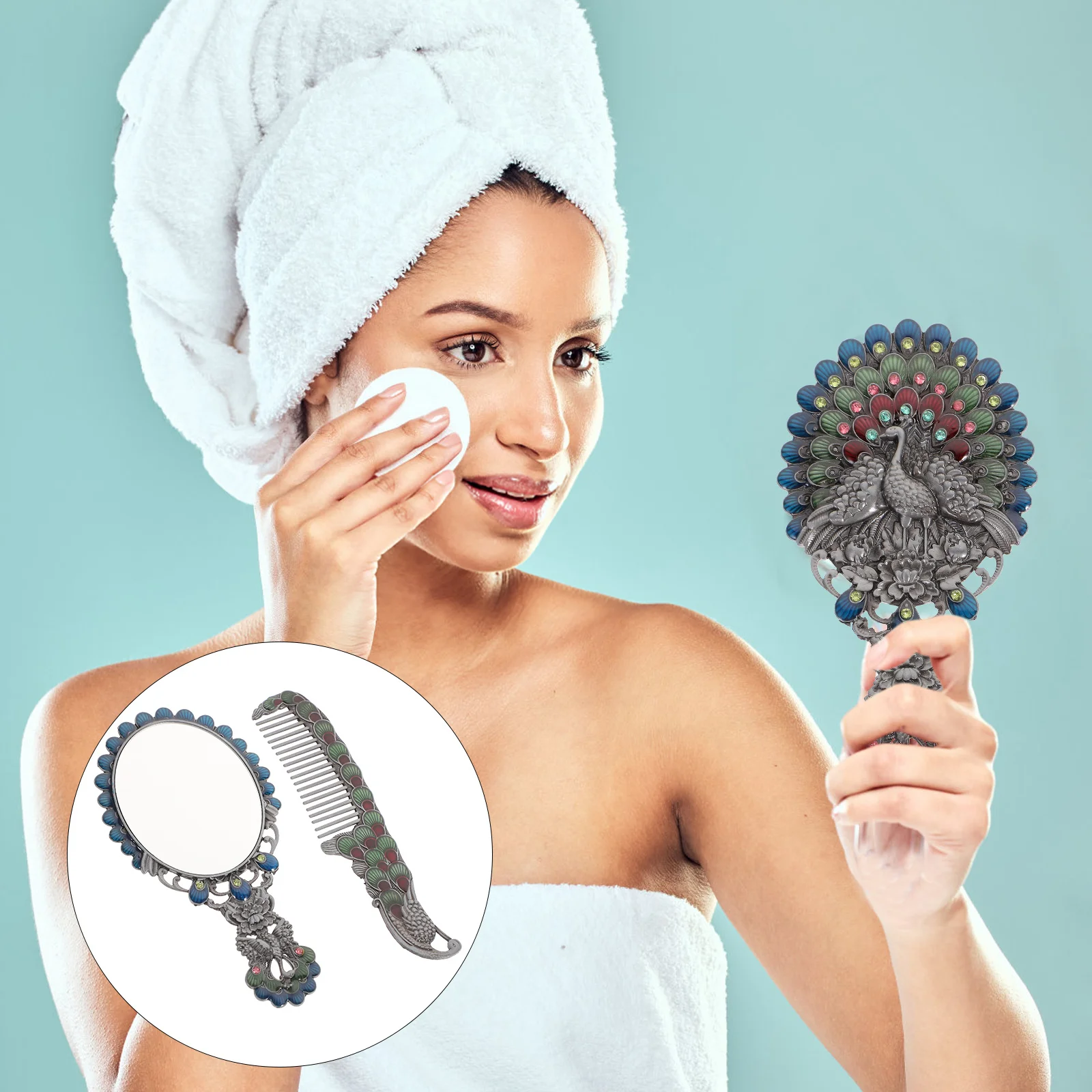 Set da 2 specchi e pettini vintage eleganti, specchio per trucco portatile, superficie riflettente ad alta definizione, ideale per l'uso quotidiano in viaggio