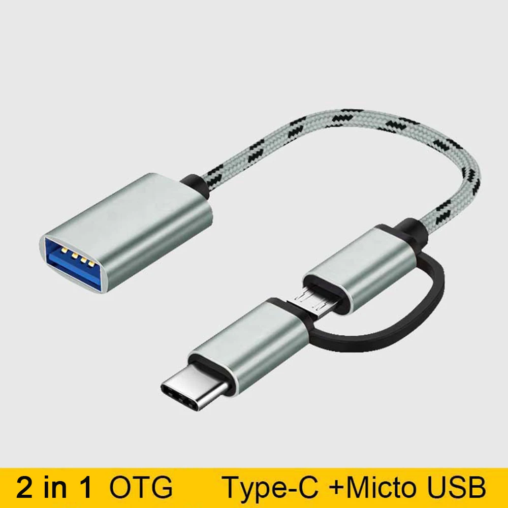 2in1 OTG Type-C + USB 3.0 كابل محول سلك مضفر من النايلون عالي القوة لكابل واجهة مزدوجة أندرويد