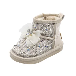 Children's Snow Boots 2024 New Winter Kids Shoes Butterfly-knot Bling Bling Warm Plush Fashion Toddler Girls Boots EU 21-30