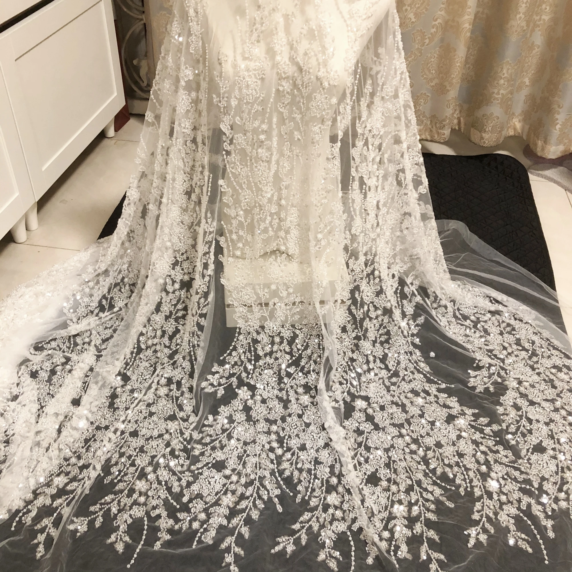 New Luxury Beads Sequins Embroidery Wedding Dresses Evening Lace Fabric Private Custom Clothing Accessories