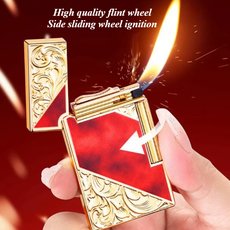 Thin Steel Sound Loud Light Luxury Retro Lighter Inflatable Open Flame Side Sliding Grinding Wheel Oblique Fire Metal Lighter