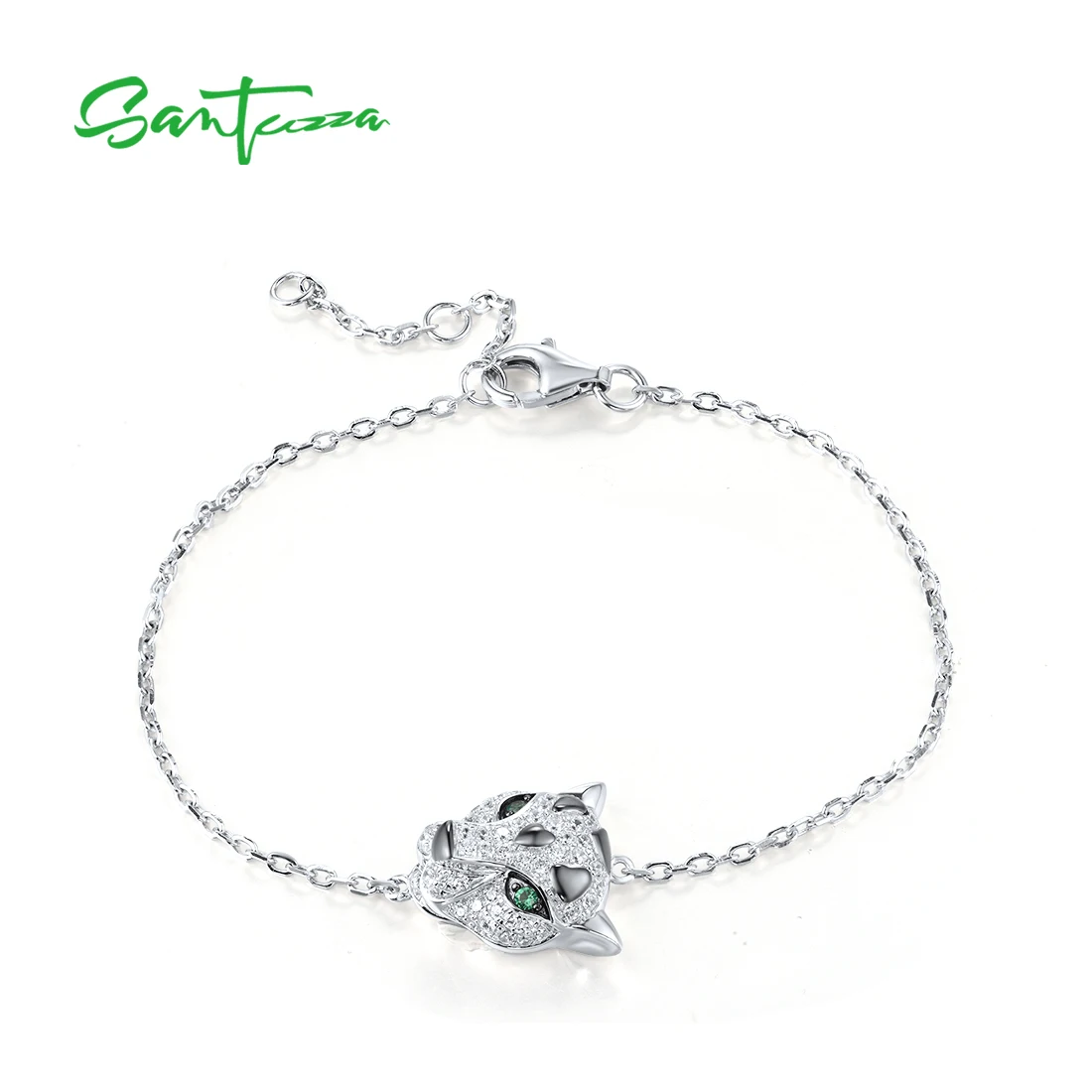 SANTUZZA Genuine 925 Sterling Silver Bracelet For Women Leopard Panther Green Spinel White Zirconia Adjustable Cute Fine Jewelry