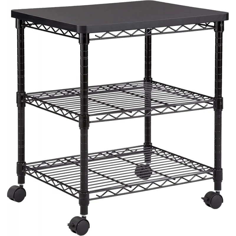 Safco Desk Side Wire Machine Stand with Wheels, 3 Tier, 200 lbs Capacity, Black Steel Frame & Multifunctional Utility Shelve