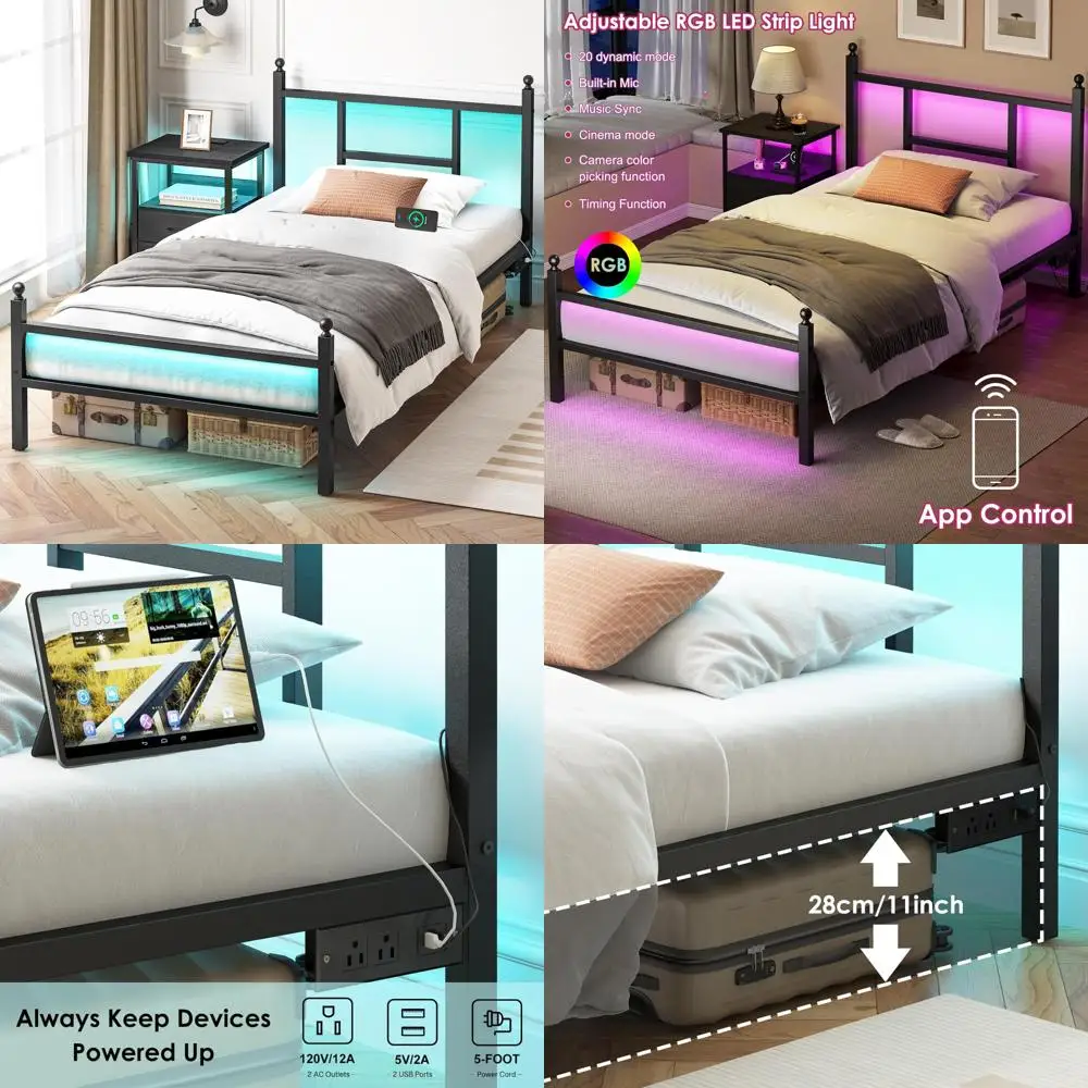 

Металлический каркас двуспальной кровати с зарядной станцией и розеткой, черный, элегантный современный дизайн для повышения удобства