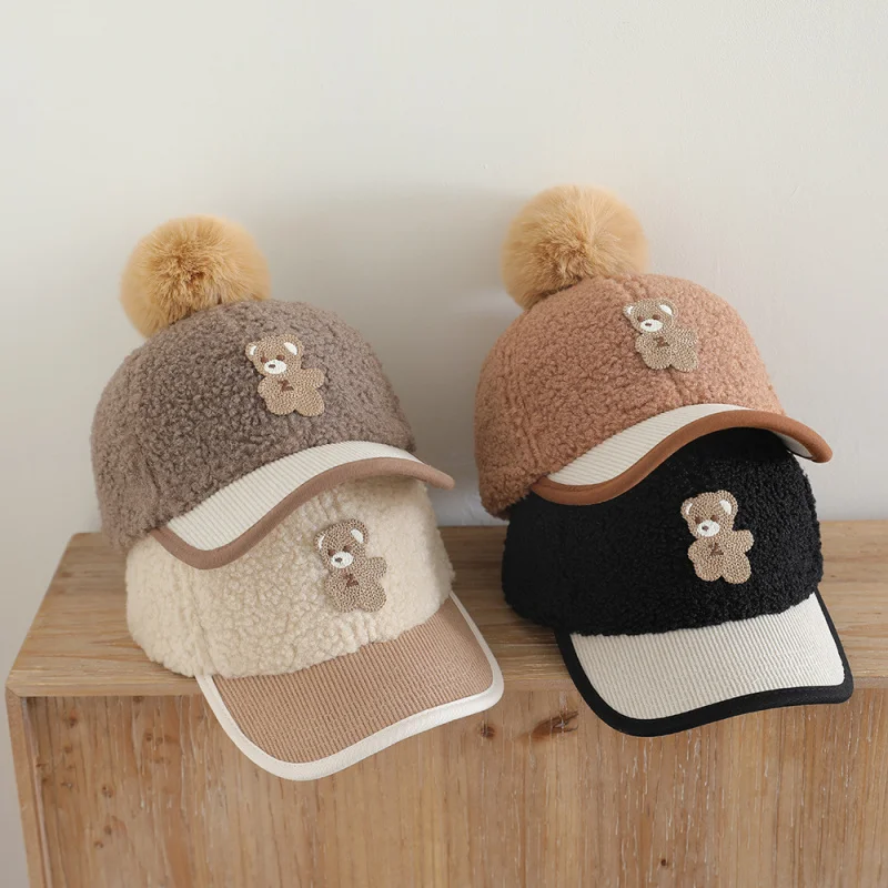Lamb Wool Label Cartoon Bear Duckbill Cap Korean Style Baby Edge Color Block Baseball Cap Winter Big Pom Pom Children's Hat
