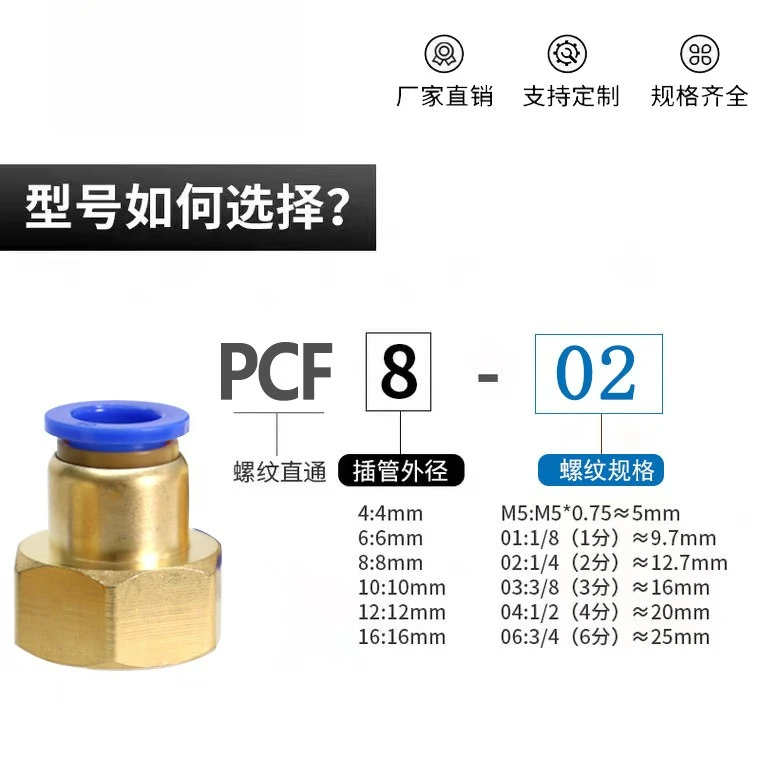 PCF8-02 Pneumatic Quick Connect Fitting, PCF10-1/2 Flange Nut Female Thread, PCF16-04mm Hose Connector for Air Tools