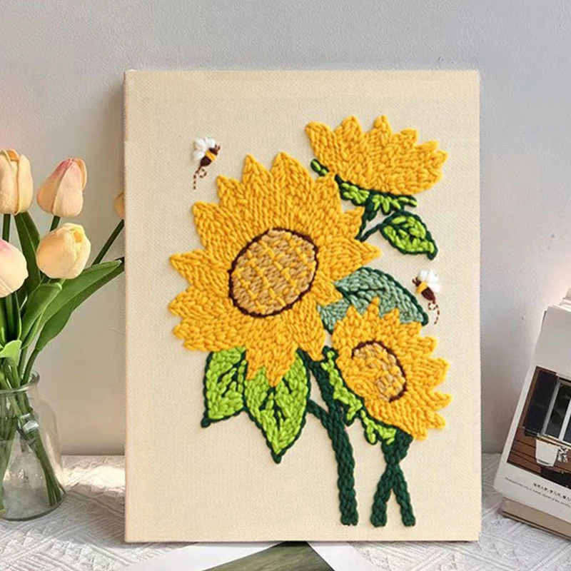 

Набор для вышивания панч-нидл с узором «Подсолнух» для взрослых, простой набор для рукоделия, набор для вышивания шерстяной нитью, декор для дома