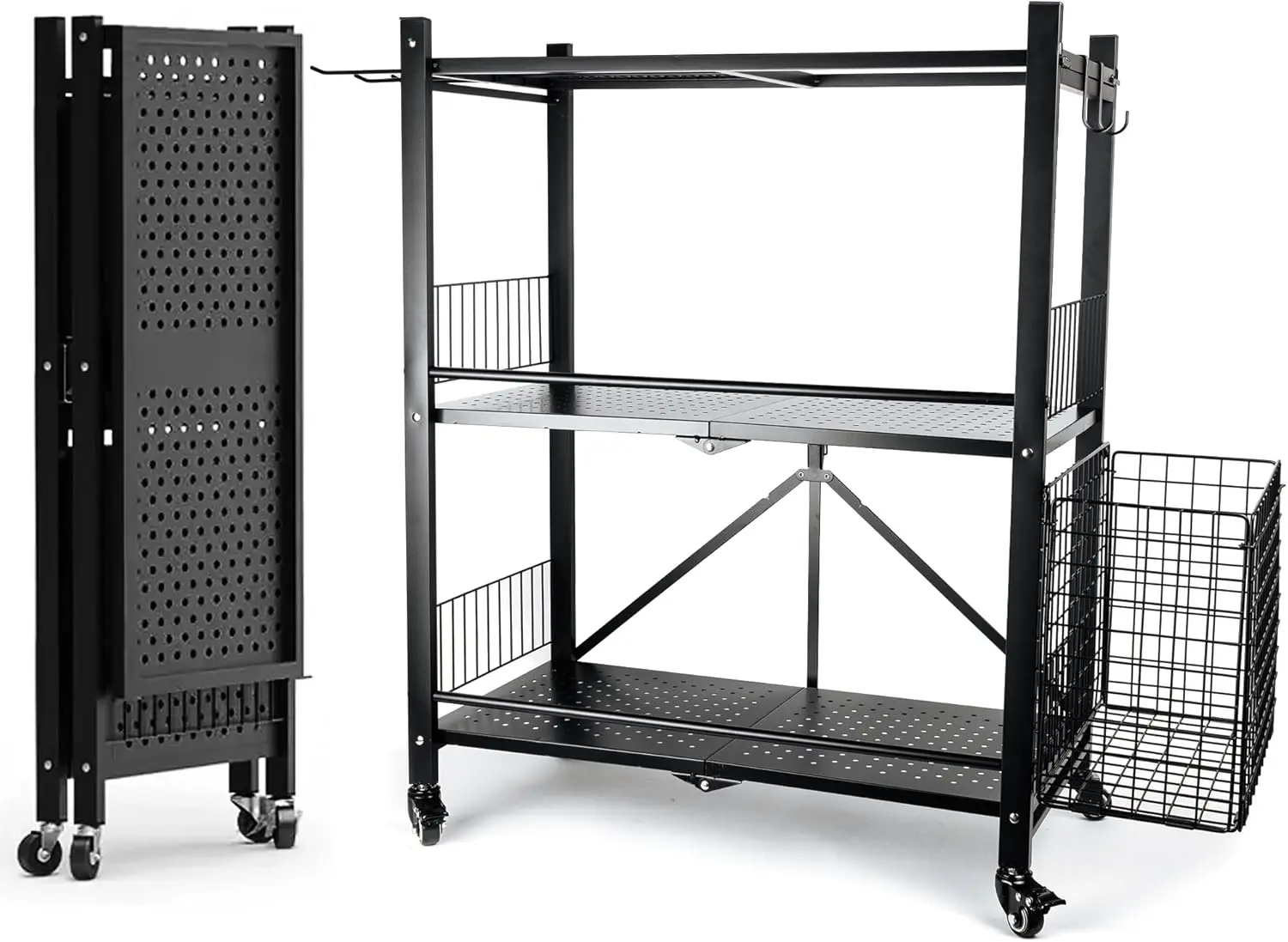 

- Assemble In Minutes - Home Gym Storage Ra. Steel Construction, Heavy Duty Wheels, With Basket And Hooks. Great For Yoga Mat