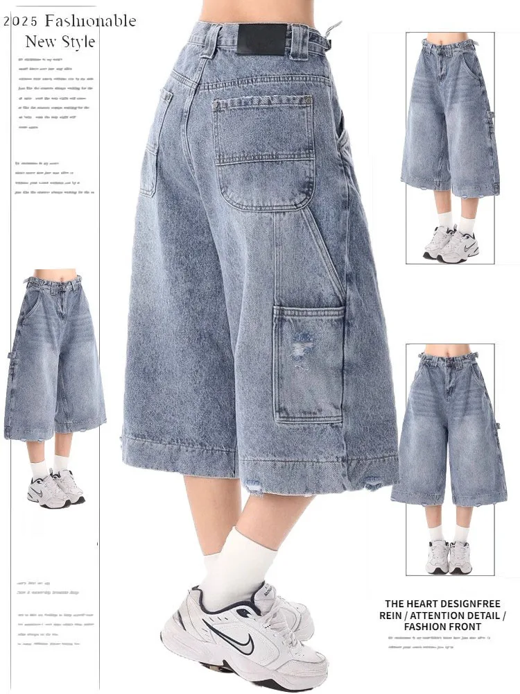 

2025 Y2K Vintage Loose Denim Bermuda Shorts for Women High Waist Wide Leg Knee Length Baggy Jeans Streetwear Casual Korean Style