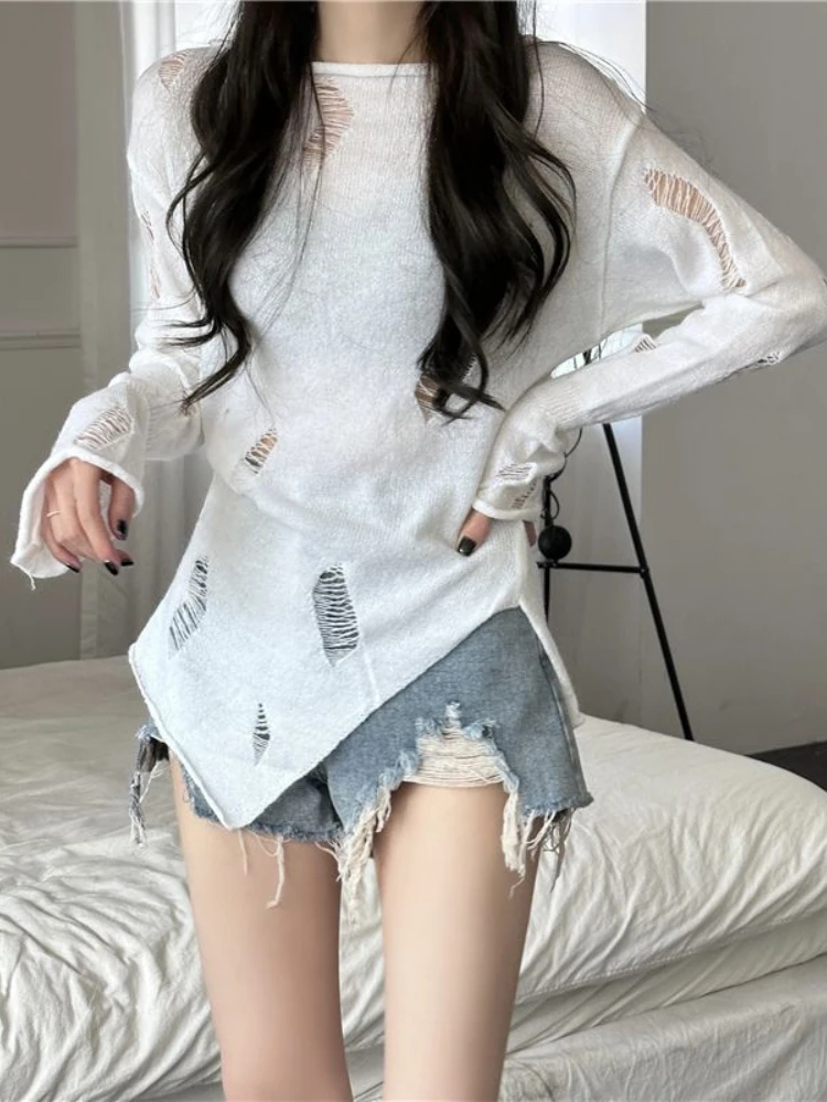 2024 Spring Knitted Sweater Women Sweet Y2k Aesthetic Jumpers Japanese Elegant Casual Split Pullovers Y2k Crop Tops Winter